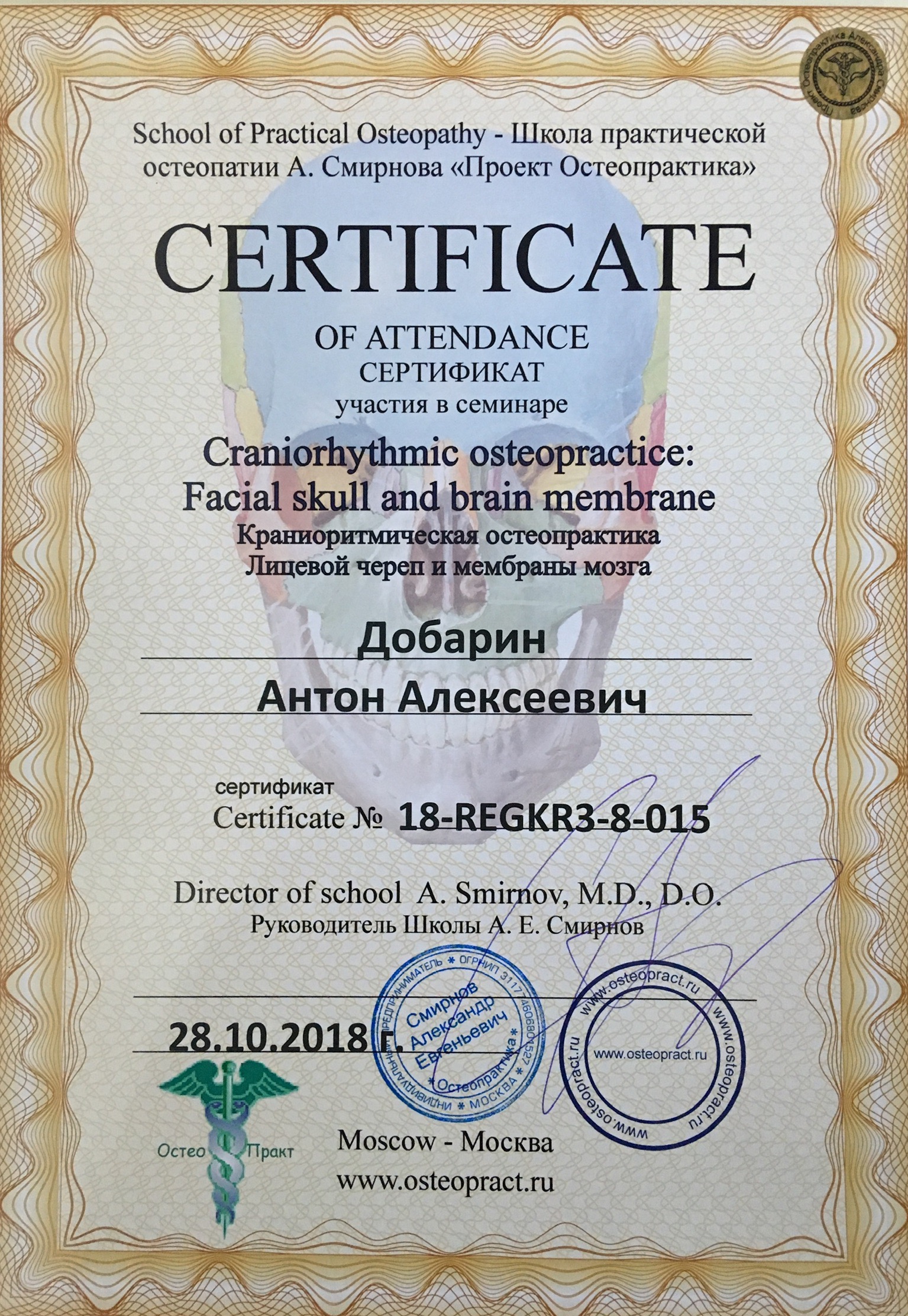 Сертификат и диплом Антона Добарина об обучении остеопатии и биодинамике — 3