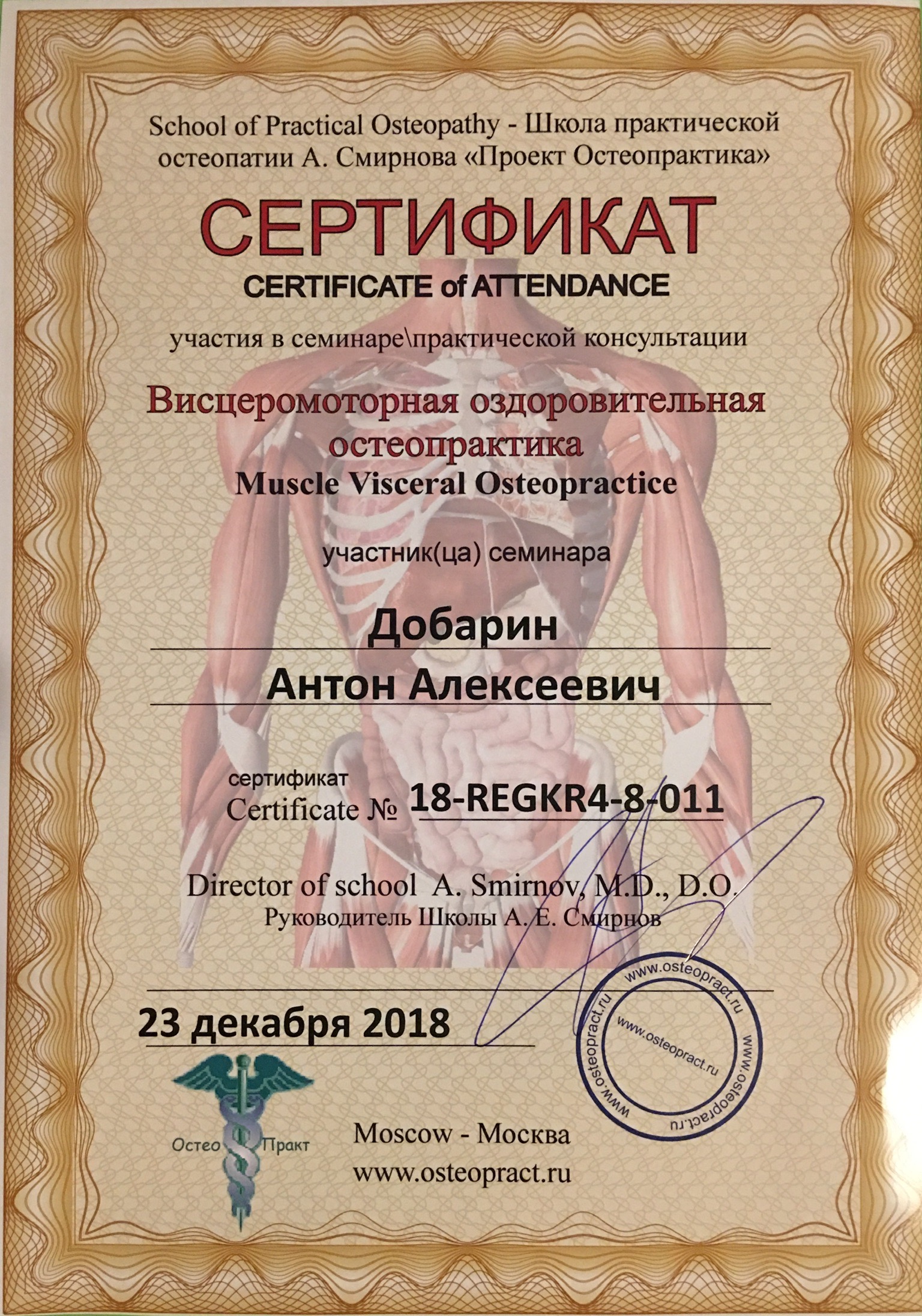 Сертификат и диплом Антона Добарина об обучении остеопатии и биодинамике — 4