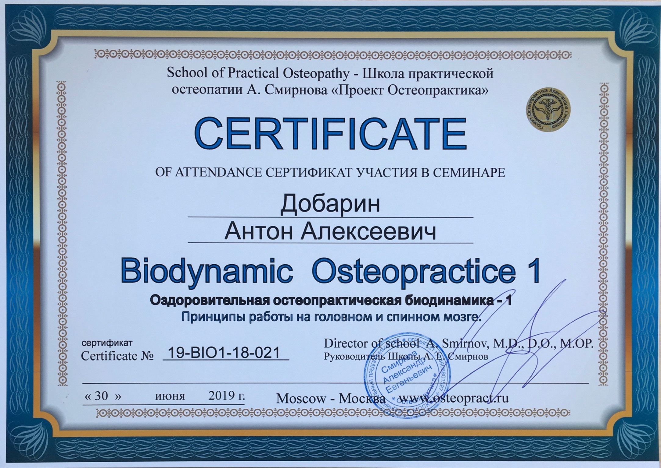 Сертификат и диплом Антона Добарина об обучении остеопатии и биодинамике — 8
