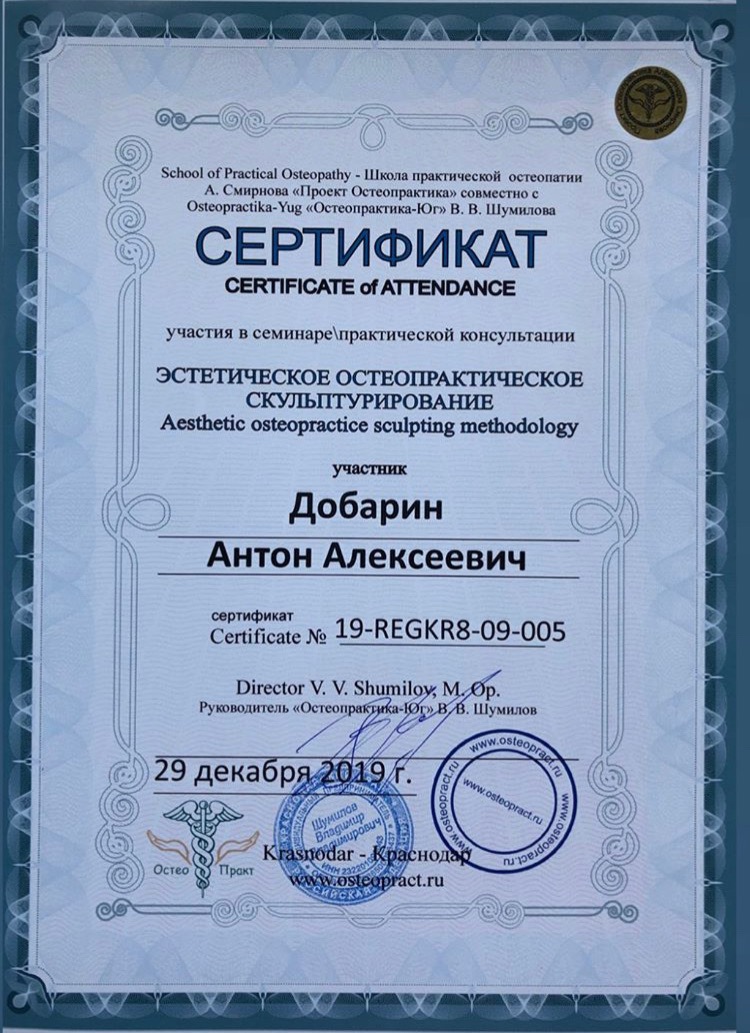 Сертификат и диплом Антона Добарина об обучении остеопатии и биодинамике — 10