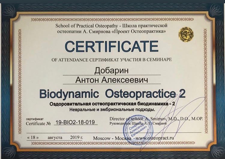 Сертификат и диплом Антона Добарина об обучении остеопатии и биодинамике — 11
