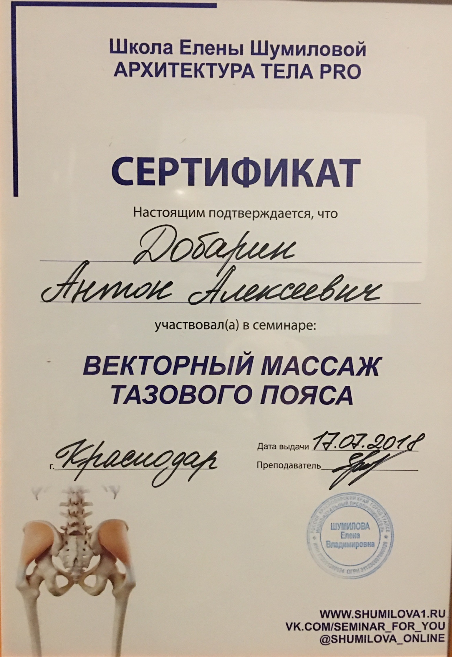 Сертификат и диплом Антона Добарина об обучении остеопатии и биодинамике — 19