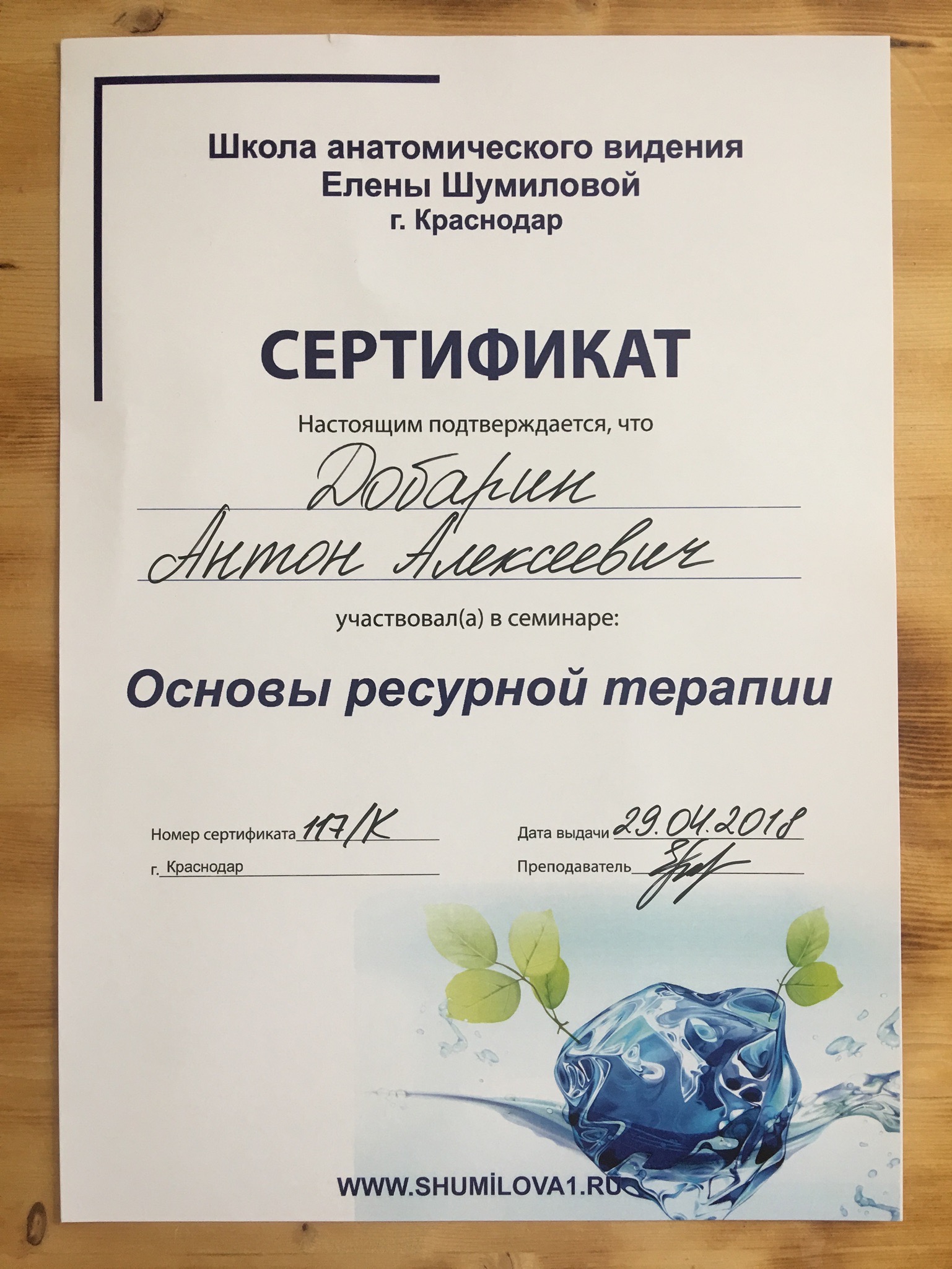 Сертификат и диплом Антона Добарина об обучении остеопатии и биодинамике — 20