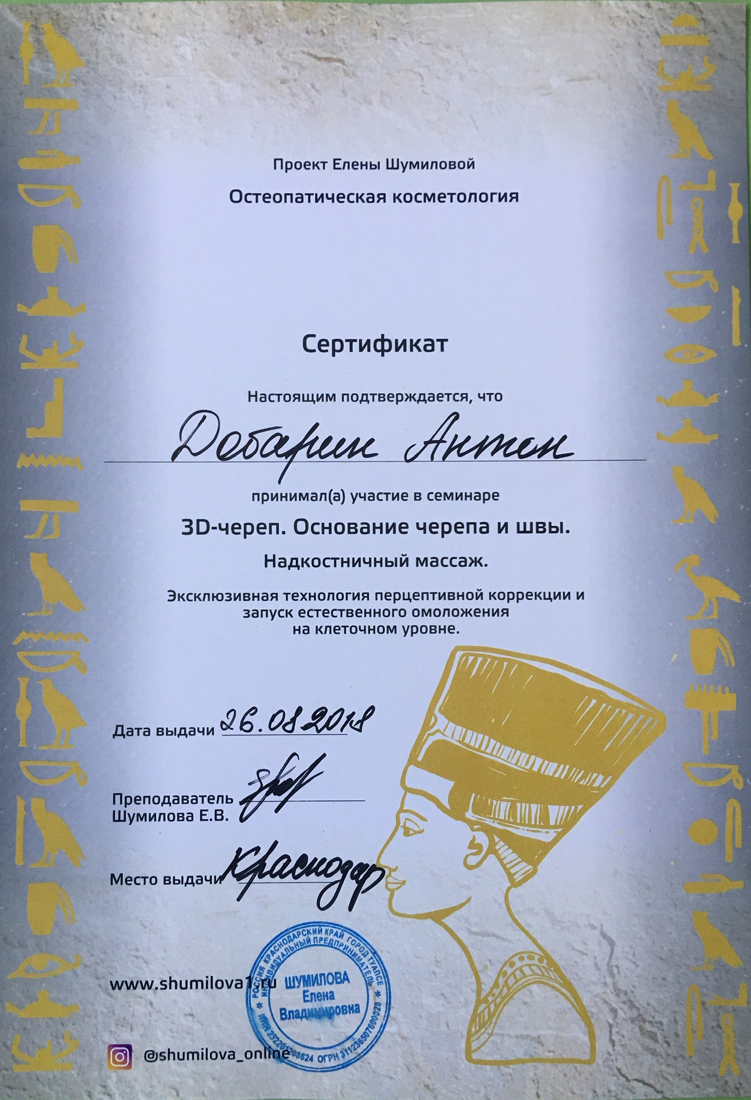 Сертификат и диплом Антона Добарина об обучении остеопатии и биодинамике — 21