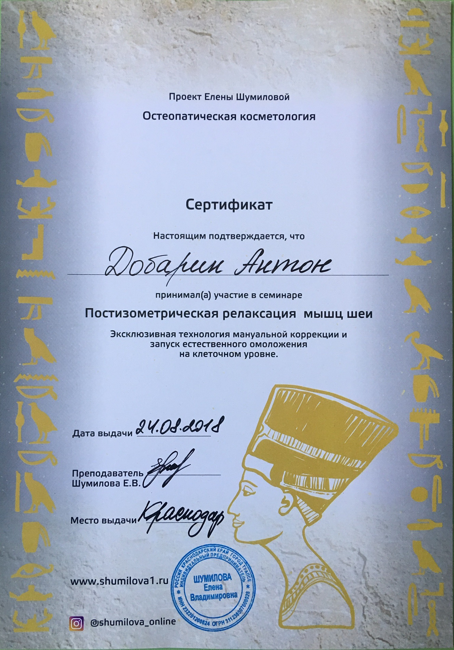 Сертификат и диплом Антона Добарина об обучении остеопатии и биодинамике — 23