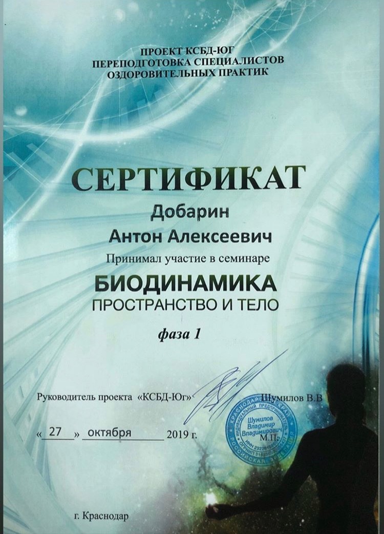Сертификат и диплом Антона Добарина об обучении остеопатии и биодинамике — 24